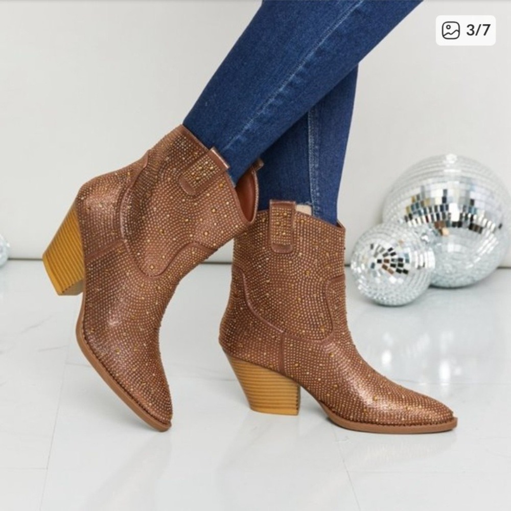 Forever Sparkly Rhinestone Western Boots Brown‎ Block Heel Pointed Toe Size 10